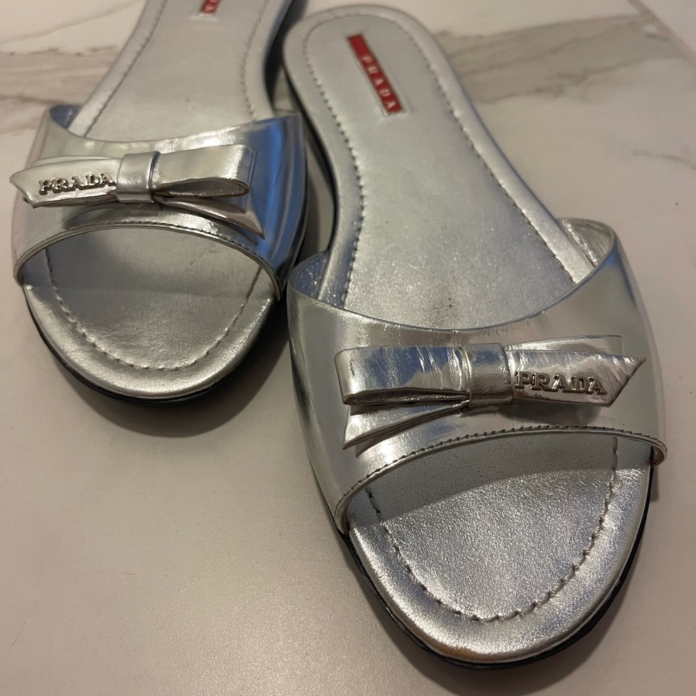 PRADA Silver Peep Toe Flats SIZE 40